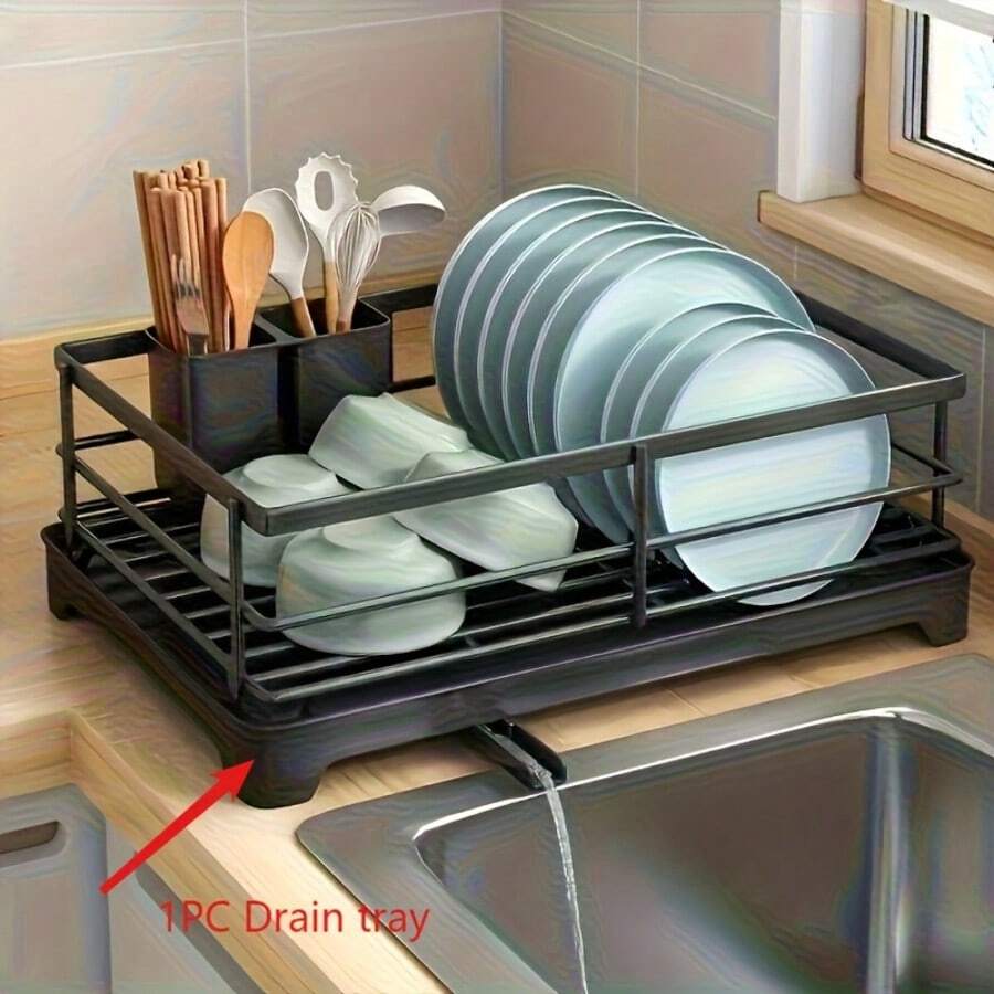 Heavy Duty ABS Plastic Dish Drying Rack With Drainage System, Designed To Save Space Above The Sink - Features Clog-Free Drainage Tray - Compact Countertop Dishwasher Compatible Rack, Ideal For Small Kitchens (Color: Gray As Per The Image) - Multicolor - View 1