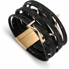 Fesciory Leopard Bracelet for Women Boho Leather Wrap Multi-Layer Pearl Crystal Bracelet Bangle Jewelry - B42StarCueroNegro - Ver 1