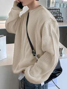 ALTZTAR 男士休闲百搭纯色提花圆领长袖毛衣，秋冬款 - 杏色 - 查看 3