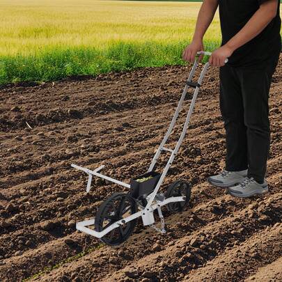 Silver & Black Aluminum Precision Garden Seeder, 0.197-1.57in Adjustable Sowing Depth. 37.8*12.32*37.4in Size, 8.38lbs Net Weight, Floor Standing. Ergonomic Hollowed Handle & Enlarged Wheel, For Terrace/Farm/Garden Fine Seed Sowing