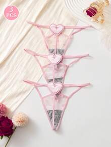 3pcs/Set Sexy Heart Pattern Mesh Criss-Cross Thong Panties For Women - Pink - View 3