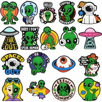 11/18件套卡通外星人UFO系列鞋饰套装，PVC材质，可作沙滩包装饰，鞋履配件挂件，生日、圣诞节、情人节、万圣节派对礼品创意