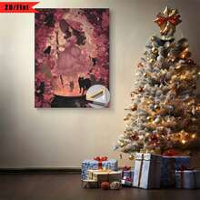 [2D Plano] 1 Pieza Impresión Plana 2D| Hermosa bruja con vestido rosa y largo cabello castaño| Arte de pared en lienzo con marco de madera, adecuado para decoración del hogar, habitación, sala de estar, dormitorio, baño, opción para regalos de Acción de Gracias y Halloween - Multicolor - Ver 7