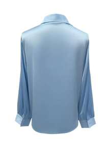 1 chiếc áo kiểu nữ tay dài màu trơn bằng vải satin, thắt nút xoắn, thanh lịch, thích hợp cho công sở, ở nhà, du lịch, hẹn hò, mặc hàng ngày, mùa xuân, mùa thu, mùa hè. - Màu xanh nhạt - Xem 5