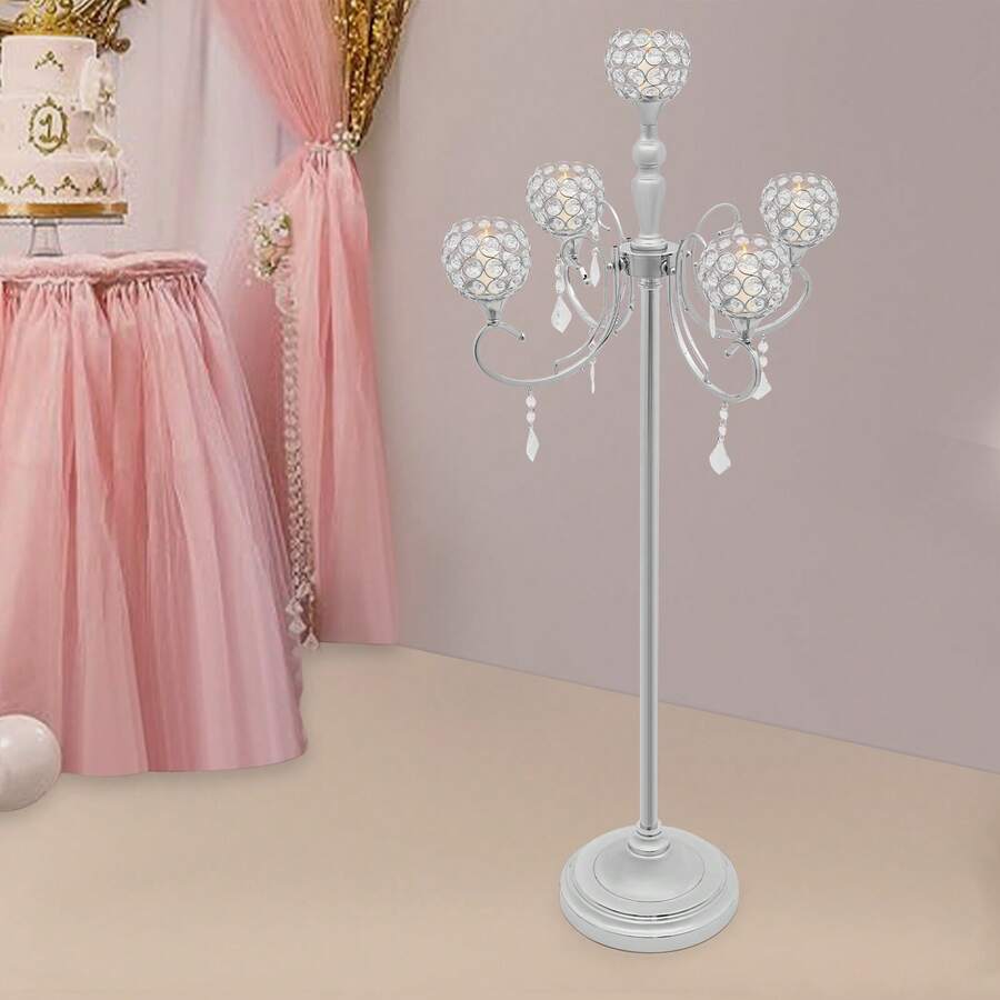 SanBouSi 5 Arm Crystal Candle Holder, 49" Silver Floor Standing Candelabra With K9 Crystal Bowls For Flameless Candles, Modern Wedding & Home Decor Centerpiece - Silver - View 1