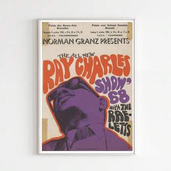 1 st Ray Charles 1968 Show-affisch, vintagekonserttryck, musikälskare-gåva, väggkonst, soulmusiker-heminredning, Bryssel retro-affisch, jazzfan-affischer, kanvasmålning, väggkonst, rumsinredning, orammade