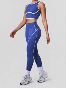 Sodalemon 女士撞色运动套装，美背镂空运动文胸，无前缝训练健身提臀瑜伽紧身裤，户外休闲两件套弹力健身运动套装 - 藍色 - 查看 8