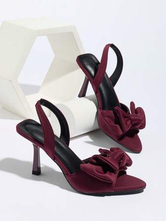 女士蝴蝶结装饰尖头松紧带高跟凉鞋，优雅适合派对、日常穿着、婚礼、聚会、休闲度假、通勤、夏季时尚，勃艮第缎面高跟凉鞋，勃艮第优雅女士凉鞋适合秋季、感恩节、圣诞节