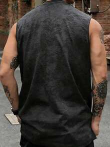 Men's Retro Minimalist Cross Print Washed Tank Top, Comfortable & Breathable, Suitable For Summer, Leading Fashion - Black - View 3
