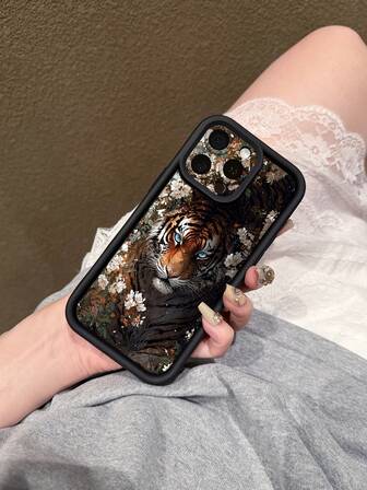 1pc Fashionable Premium Tiger In Floral Print Black Tempered Glass Phone Case, Compatible With Iphone 17, 17 Pro, 17 Pro Max, Air, 16, 15, 14, 13, 12, 11 / S26, S25, S24, S23 / Redmi / OPPO / VIVO / HONOR Models