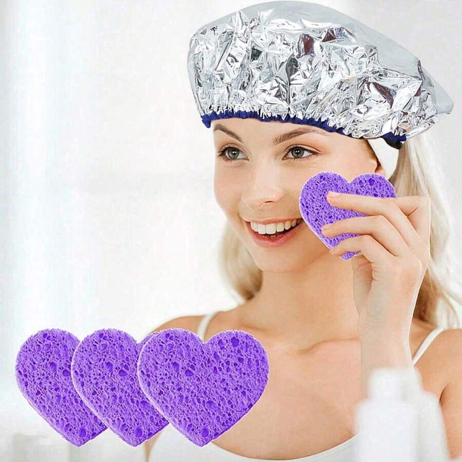 10pcs Heart-Shaped Makeup Remover Pads With Headband, Compressed Round/Heart-Shaped Facial Cleansing Pads, Waterproof Foil Shower Cap, Foil Aluminum Hair Mask Cap, Self-Heating No Electricity Steam Cap, Home Hair Treatment Cap - Multicolor - View 1