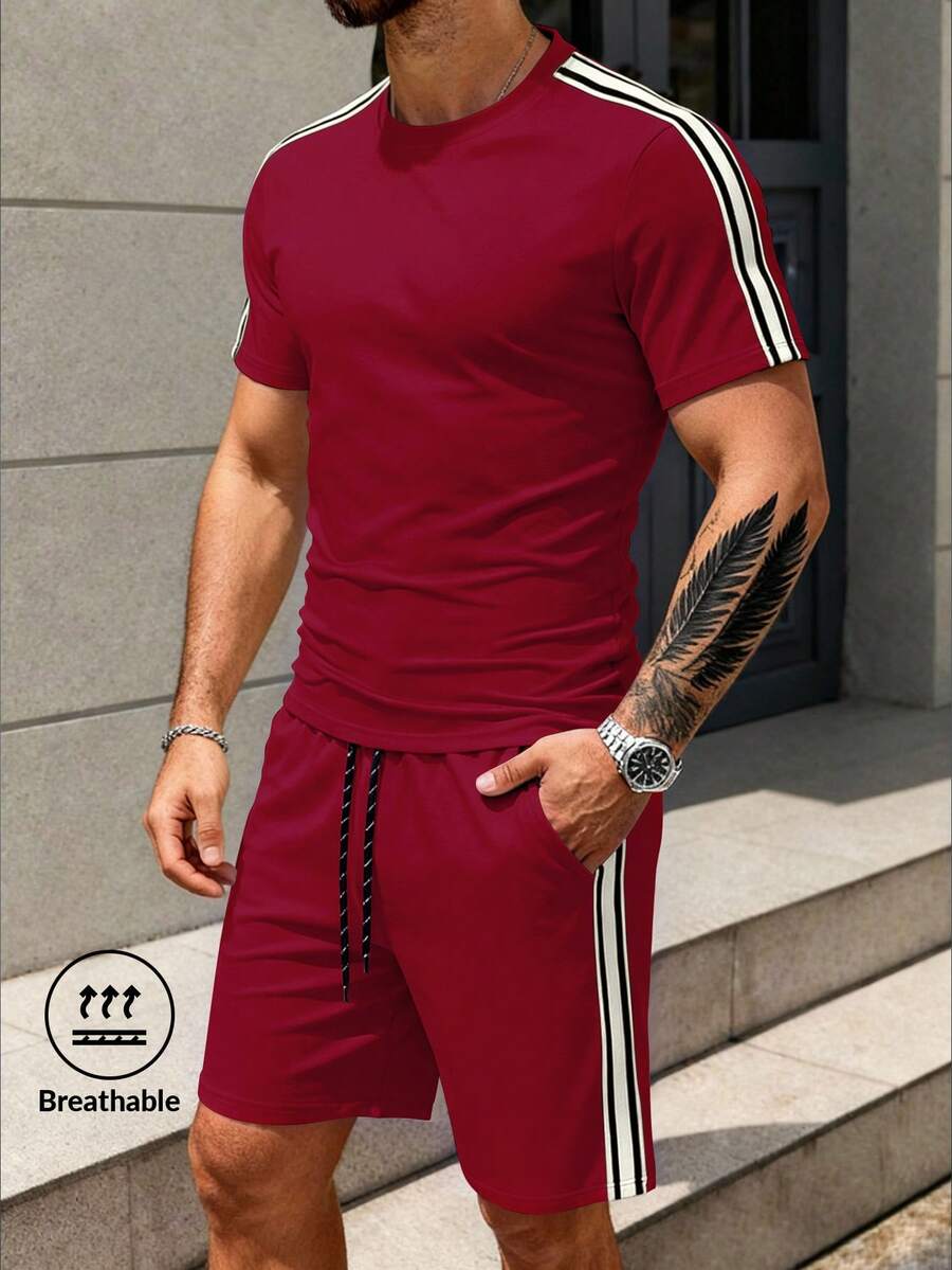 Kolrap Men's Summer Lightweight Short Sleeve & Shorts Set, Solid Color 3-Stripe Basic Casual Short Sleeve + Drawstring Waist Shorts 2-Piece Outfit