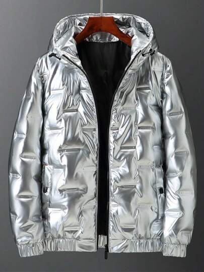 Men's Winter Shiny Silver Cropped Jacket - Warm Quilted Thickened Cotton Padded Fashion Outerwear