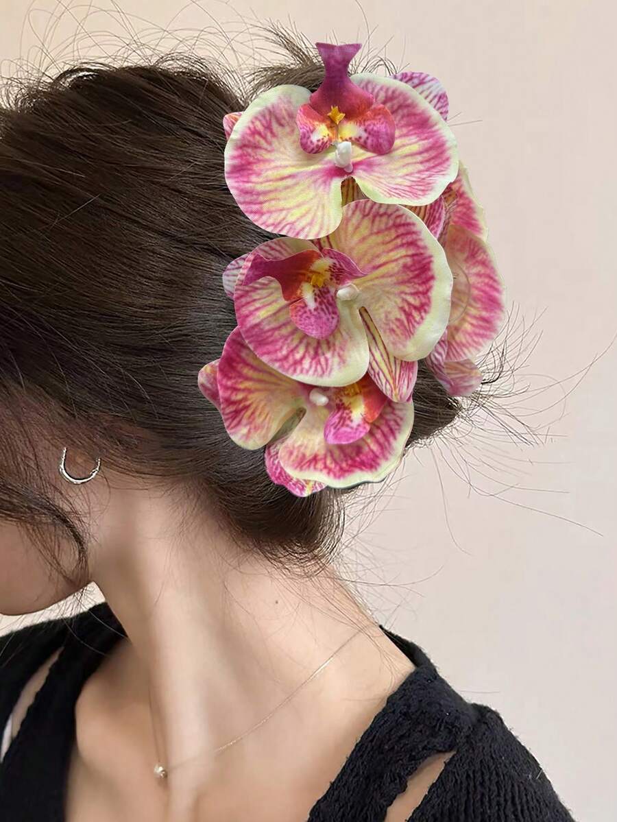 1个浪漫超大蝴蝶兰花发夹，时尚发饰，粉色优雅爪夹，休闲发夹，夏季海滩度假发夹，假日旅行 - 彩色 - 查看 1