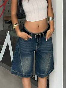 Shorts vaqueros de verano para mujer, lavado con efecto de bigotes de gato, pierna recta holgada, con bolsillos laterales, bermudas de longitud hasta la rodilla, casuales - Azul retro - Ver 2