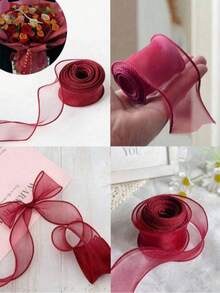 1 Roll 4.5/9/45/M Wine Red Organza Ribbon With Wire, Transparent Tulle, Chiffon Silk Sheer Ribbon, Suitable For Sewing, Gift Wrapping, Crafts, Wedding Bouquets, Invitations, Decorations, Valentine's Day Gifts - Burgundy - View 5
