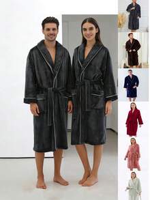 1 件男女通用冬季毛绒绒浴袍，舒适保暖浴袍，男女通用长款 SPA 浴袍，带 2 个口袋和腰带，浴袍，浴室用品，情人节礼物 - 法蘭絨壓條 翻領浴袍 - 查看 1