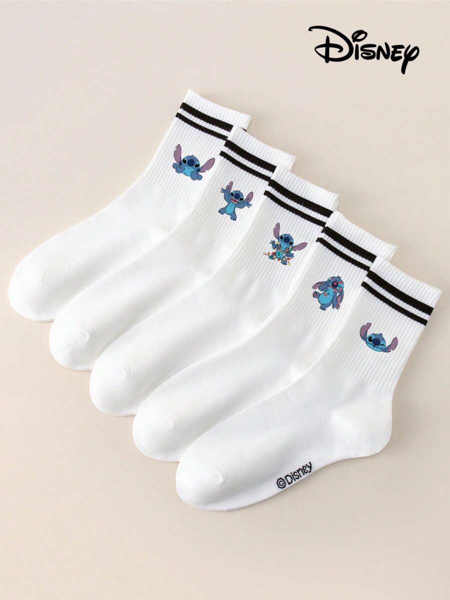 Disney 1/5/10 Pairs, Stitch, Angel Pattern Children's Socks, Frilled Socks, Bubble Socks, Bubble Frilled Socks, Black Double Bar White Mid-Calf Socks, Socks For Women, Socks Women, White Socks, Women Socks, Loose Socks - Blue - View 1