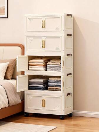 1pc 50cm/19.69in Wide Folding Storage Cabinet, Clothes Closet Storage Box, Portable Wardrobe, Double Door Folding Box, 1-6 Layers Optional, Thickened Double Door With Wheels Storage Cabinet, Free Installation Home Organizer, Plastic Folding Storage Cabinet For Clothes And Toys