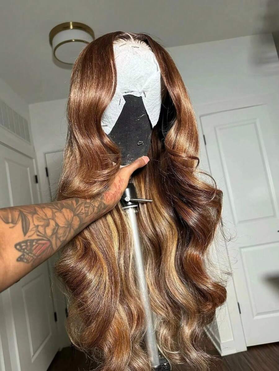 VIOLLY 渐变挑染13x4高清透明蕾丝前假发，搭配蓬松波浪卷发，真人发混纺，蜂蜜金色蕾丝前额，巴西原生发假发，女士款 - SP4/27 - 查看 1