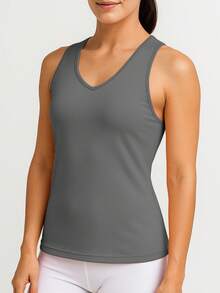 女士交叉绑带健身背心，运动休闲无袖上衣，夏季跑步休闲上衣 - 灰色 - 查看 2