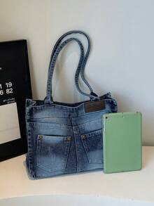 New Chic Casual Washed Jeans Shoulder Tote Bag, Niche Design, Fashionable Street Handbag, Suitable For Shopping And Commuting, Perfect For Cow Girl - Màu xanh lam - Xem 9