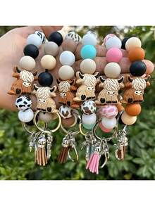1pc/6pcs Set Cartoon Animal Brown Bull Head Silicone Bead Bracelet Keychain Pendant Vintage Western Style Tassel Wristband Keyring Accessories Gift For Women Bag Charm Purse Charm - Multicolor - View 2
