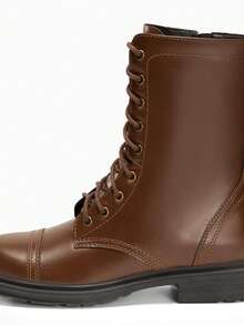 Womens Mid Calf Combat Boots Low Heel Lace Up Round Toe Military Boots Fall Shoes With Side Zipper - Dark Brown - View 5
