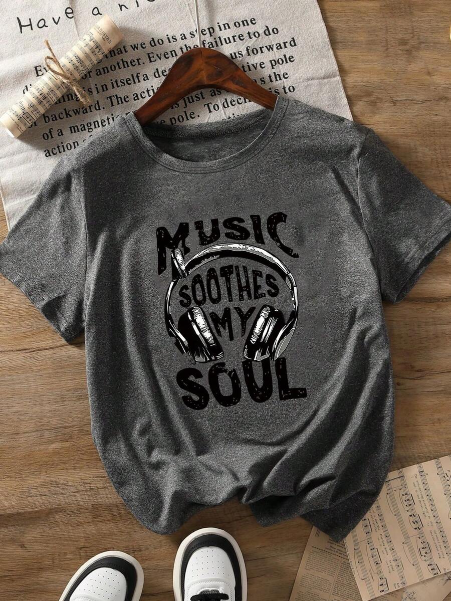 Plus Size English Letter Print Casual Comfortable Daily T-Shirt, Valentine's Day, Top, Summer Clothing, Plus Size Women's Wear, Valentine's Day Outfit - Dark Gray - View 1