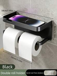 Wall Mounted Bathroom Storage Rack/Toilet Paper Holder, No Drilling Bathroom Organizer Rack With Shelf, Matte Black Wall Mounted Toilet Paper Holder Fits Extra Large Rolls, Self-Adhesive Toilet Paper Holder For Bathroom, Washroom, Kitchen, RV - Multicolor - View 3