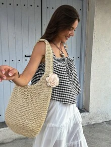 Doriss 女士纯色格纹麻花吊带背心休闲款 - 黑與白 - 查看 5