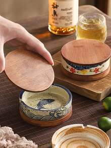 Ceramic Ashtray With Lid, Ink Painting Ashtray, Round Ashtray With Anti-Ash Design, Thick And Easy To Clean, Japanese Mid-To-High-End Ashtray, Retro Tea Room Ashtray, Creative Ashtray, Suitable For Home Living Room, Hotel Restaurant And Tea Room