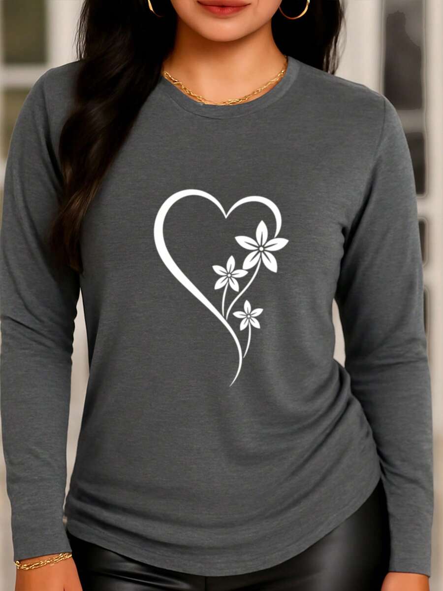 Women's Casual Long-Sleeved T-Shirt With Asymmetrical Floral And Heart Print. Regular Fit, Machine Washable, Suitable For All Seasons. Comfortable And Casual Wear, Durable For Casual Attire And Special Occasions. - 深灰色 - 查看 1
