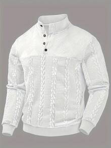 Men's Long Sleeve Henley - Soft Stretch Button Pullover, Casual Outdoor Wear For Fall/Winter, Perfect For Casual Wear, Winter Casual Wear | Striped Jacquard Shirt, Men's Knit Pullover, Men's Shirts, Men's Clothing, Men's Pullover - trắng - Xem 2