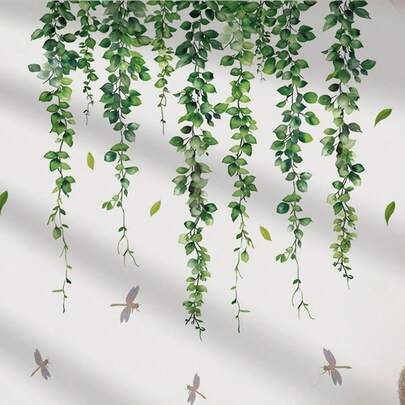2pcs Green Plant Vine Dragonfly Wall Stickers, Decorative Self-Adhesive Mural For Living Room, Entrance, Bedroom, Can Be Removed, Suitable For Room, Bedroom, Study, Room, Balcony, Garden Decoration