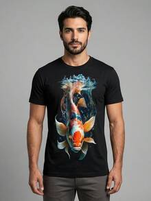 Men's Koi Fish T-Shirt In Black Cotton - Aquatic Design - Negro - Ver 1