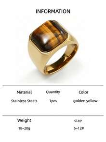 1pc Tiger Eye Stone Ring, Stainless Steel Thick Band Ring, Natural Gemstone, Fashionable & Cool, Suitable For Men & Women, Summer Accessory, Father's Day/Friend's Gift, Couple Ring - Yellow Gold - View 12