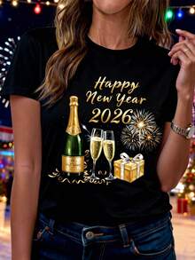 Happy New Year 2026! Women Short Sleeve T-Shirt, Suitable For All Seasons - Black - View 3