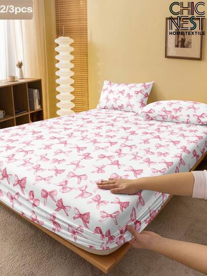 2/3件套粉色蝴蝶结床笠套装（1件床笠+1/2个枕套），甜美少女风床垫保护套，床垫罩，床单套装，柔软透气，适用于各种尺寸的床——单人床、双人床、特大号床、大号床，床笠深度可达11.8英寸，家用纺织品