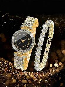 2件套女士时尚休闲罗马数字全镶钻表盘腕表，搭配珠宝配饰套装和时尚水晶手链，适合婚礼、商务馈赠、年会、员工礼品、高端商务女性、日常穿搭、生日礼物、节日派对礼物、聚会、海滩度假、情人节礼物，是送给女性、家人、朋友、爱人、母亲、学生、青少年、女孩的完美礼物。 - 銀色 - 查看 7