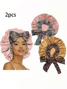 2件装女士弹力缎面睡帽/化妆帽/日常发帽，缎面帽（随机印花图案） - 粉紅NPSM19+咖15/2 - 查看 10