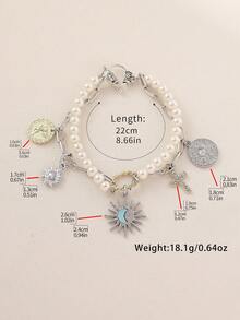 Layered Pearl Chain Bracelet For Women, Sun, Moon, Cross Pendant Charm Bracelet, Design - Multicolor - View 3