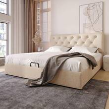 (=767778AAN) Hydraulically Adjustable Upholstered Bed 140x200cm, Adjustable Headboard, Double Bed With Metal Frame Slatted Base, Modern Bed Frame With Storage Space, Natural, Without Mattress - 米色 - 查看 8
