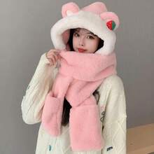 1pc Cute Strawberry Bear Ear Scarf Hat Cold-Proof Warm Hat Gloves Hooded Integrated Hat - 09-3598 帽子圍巾手套一體-黑色 - 查看 4