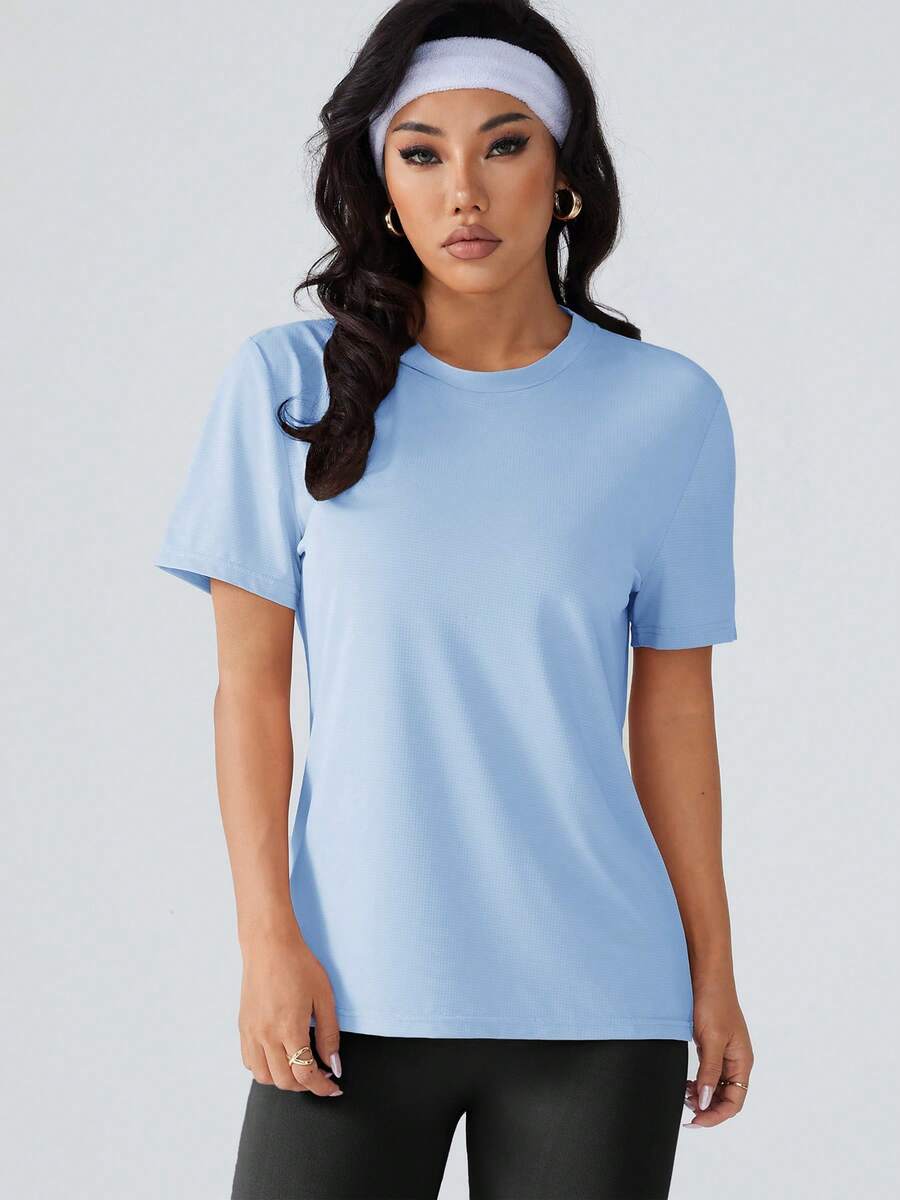 1pc Women's Round Neck Short Sleeve Top, Suitable For Fitness, Training And Casual Wear - Comfortable Fitness T-Shirt For All Seasons, Fitness, Running, Tennis, Outdoor, Hiking, Casual Undershirt - Baby Blue - View 1