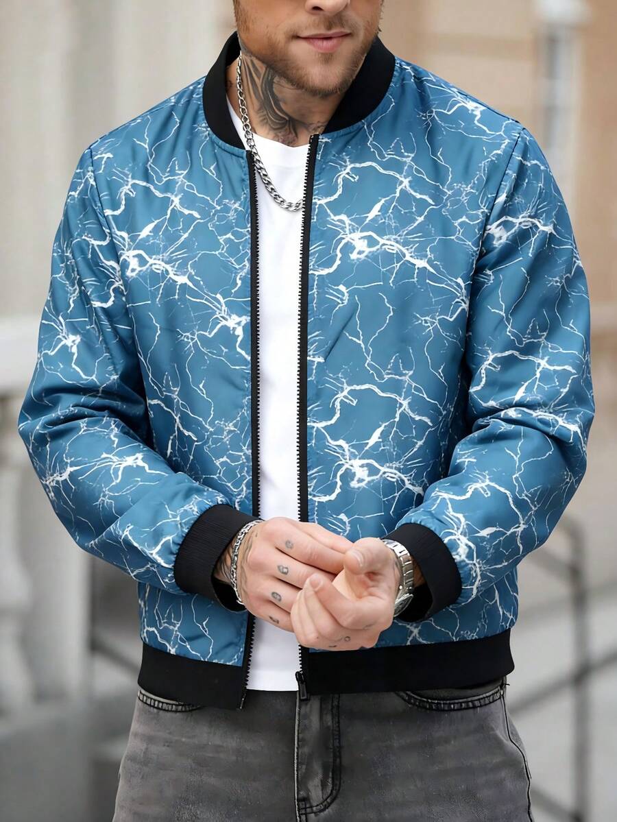 Men's Lightning Print Long Sleeve Zip Front Casual Baseball Collar Sports Jacket - Blue - View 1