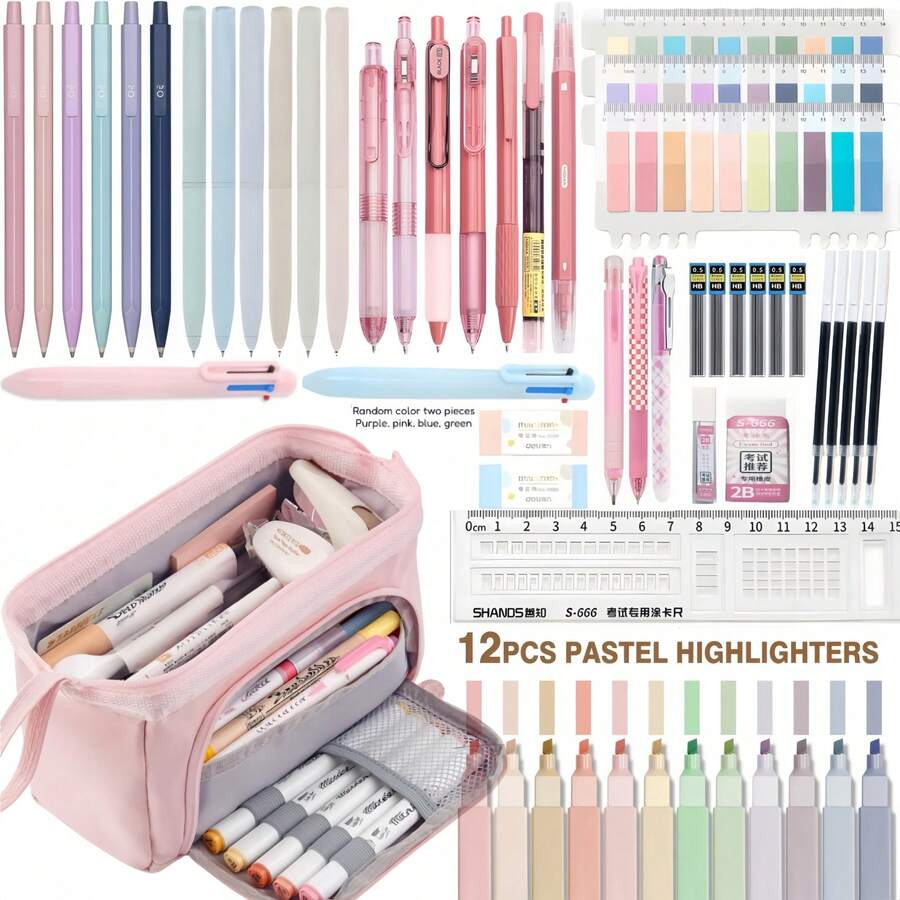 56pcs Delicate Stationery Set, Includes Cute Pencil Case, 12 Pastel Highlighters, 7 Black Gel Pens, 6 0.5mm Mechanical Pencils, Suitable For Students, College Essential, Office & School Supplies, Unisex