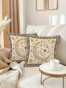 1/2/4pcs Bohemian Beige Ramadan Pillow Covers,Golden Crescent & Star Pattern,For Sofa Or Bed, Zipper Closure, No Insert Included, Perfect For Ramadan Festival Decor, Festive Pillow Covers | Bohemian Style Decor, Islamic Home Decor - Apricot - View 4