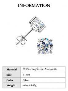 XUJIA 1对3mm/4mm/5mm/6.5mm/8mm/9mm/10mm/11mm经典圆形莫桑石耳钉，925纯银耳钉，D色VVS1净度宝石首饰礼品 - 銀色 - 查看 18