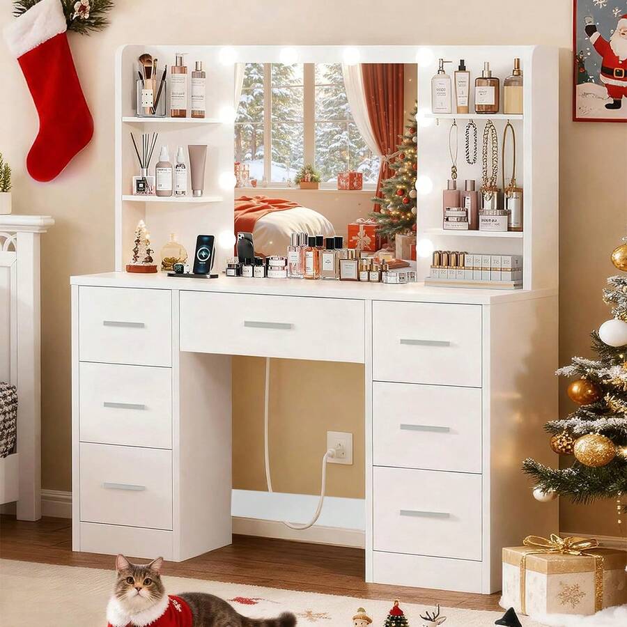 Tocador Moderno y Minimalista con 7 Cajones y 4 Estantes, Ideal para Salón y Vestidor - Blanco - Ver 1
